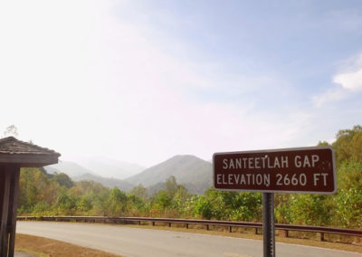 A roadside sign indicates "Santeetlah Gap, Elevation 2660 ft,"