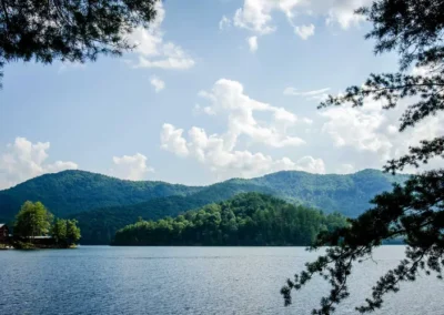Serene lake surrounded by lush green mountains