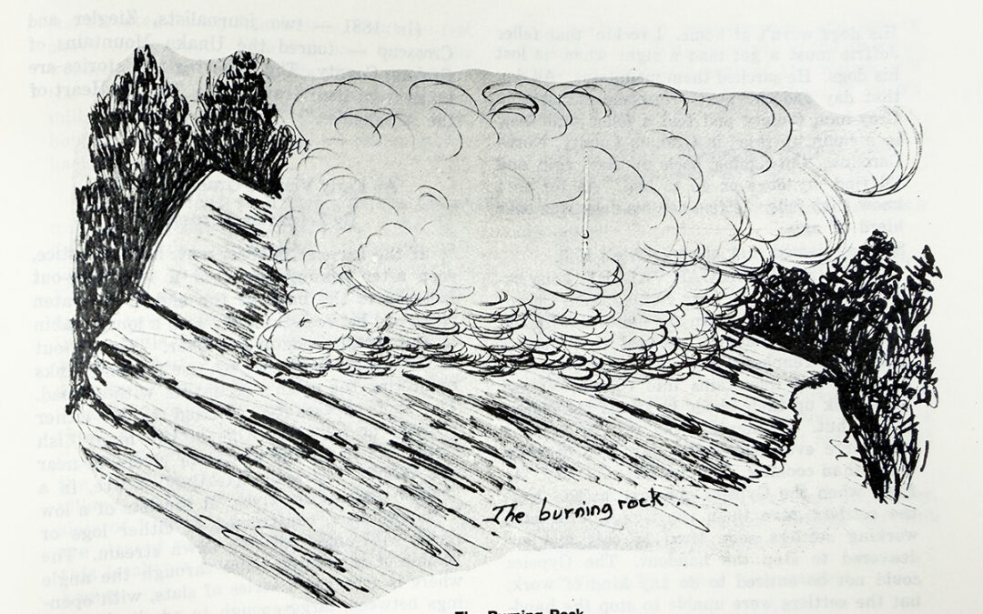 Pen-and-ink drawing of a rock outcrop with heavy smoke billowing from it, framed by trees on either side.