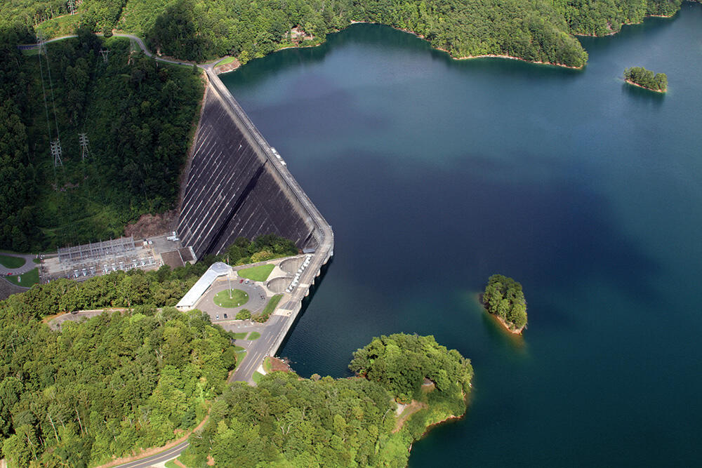 Aerial view of Fontana Dam and Fontana Lake in Graham County, North Carolina.