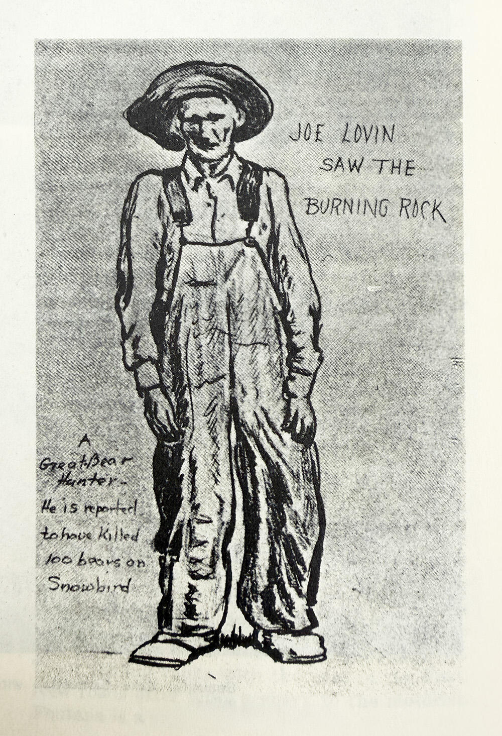 Graphite drawing of Joe Lovin, a tall man in overalls and a wide-brimmed hat, standing with his hands at his sides.